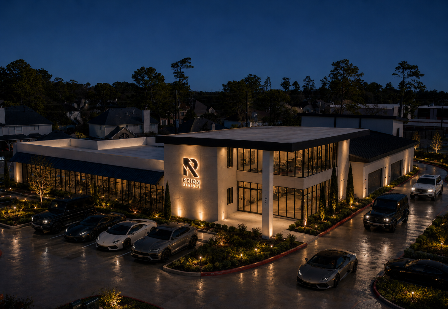 Reign Reserve building at dusk
